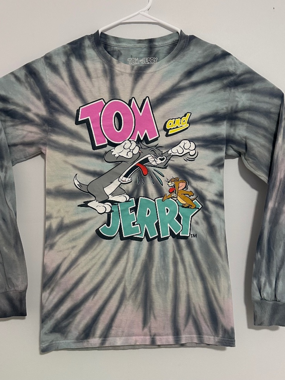 Tom and Jerry Tie Dye Graphic Print T-Shirt Small Gray Y2K Cartoon Long Sleeve